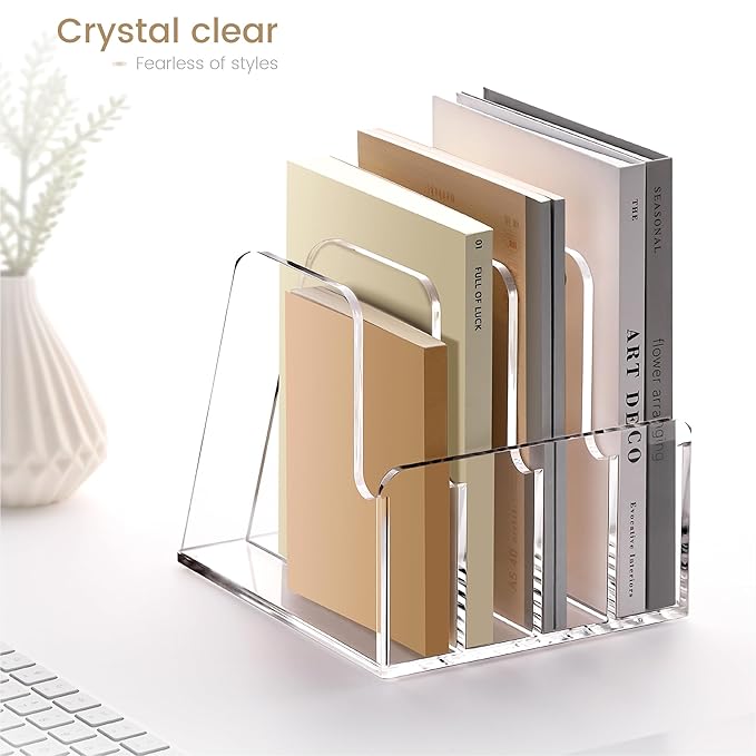YUXUN Acrylic Magazine Holder,Clear Desk Organzier Workspace Organizers with 4 Vertical Compartments File Sorter for Magazine,Notebooks, Envelopes,Comic Coloring Book Storage(6.6 X 7.2 X 6.7 Inch)