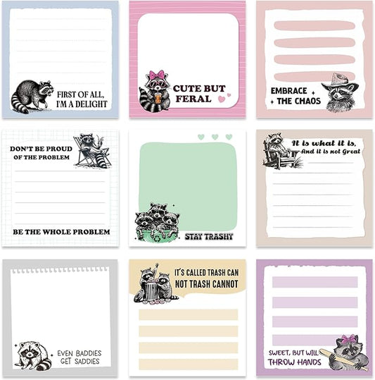 Raccoon Sticky Notes Gifts, 9 Pack Funny Raccoon Notepads 3x3 Inch, Funny Animals Self-Stick Memo Pads, Office School Supplies Gifts for Students Coworkers (450 Sheets)