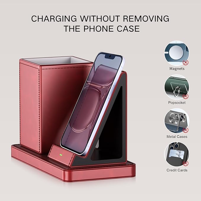 Desk Organizer with Phone Holder,Red Multi-Functional Pencil Holder for Desk, Desk Organizers and Accessories for Office Art Supplies,Desk Phone Stand Charger for Desktop/Counter