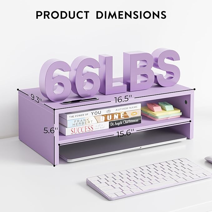 BONTEC Wooden Monitor Stand Riser, 2-Tier Desk Shelf with Storage Organizer, Ergonomic Computer Stand with Cable Management, Cellphone Holder, Purple, 16.5 Inch