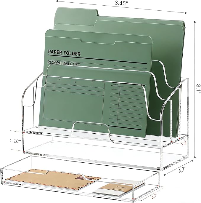 YUXUN Acrylic Mail Organizer for Desk - Transparent 3-Compartment Letter Sorter with Drawer, Clear Desktop File Holder for Office, Home, Classroom