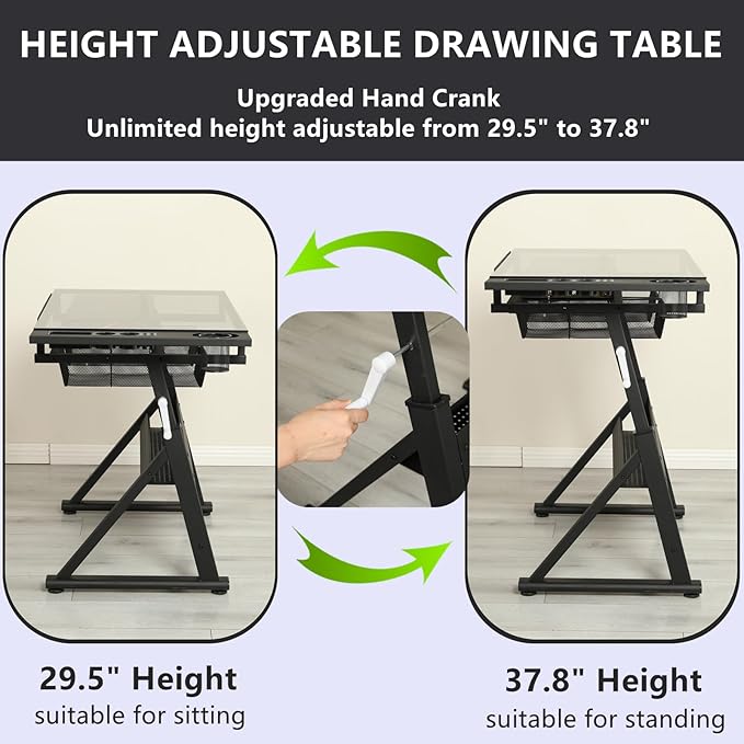Drafting Table with Stool, Upgraded Hand Crank Height Adjustable Drawing Table Art Table Painting Table Art Craft Desk with 0-75° Tilting Glass Tabletop for Home Office, Black