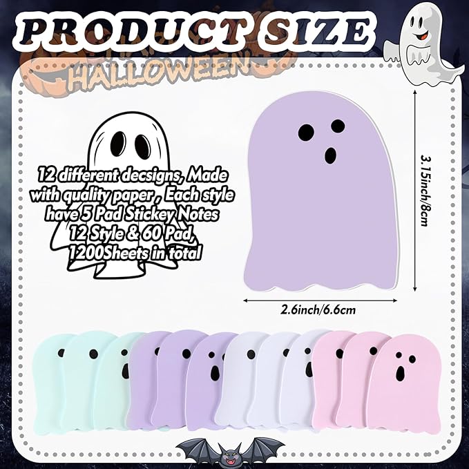 Zhanmai 1200 Pcs Halloween Ghost Sticky Notes Self-Adhesive Halloween Cute Note Pads Removable Ghost Memo Notes for School Office Home Students Teachers Present