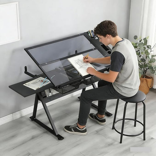 Drafting Table with Stool, Height Adjustable Drawing Table Art Table Painting Table Art Craft Desk with 0-75° Tilting Glass Tabletop and Storage Drawers for Home Office, Black