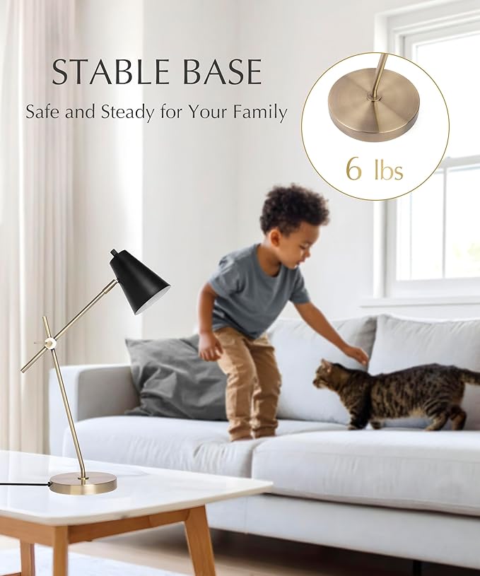 HarvestLand HaloBar Brass Desk Lamp Home Office – Black Industrial Table Lamp with Solid Base for Office, Reading Lamps for Bedside Table, Study and Reading Task Lamp, Gifts for Men