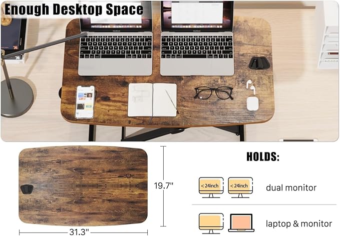 JOY worker Standing Desk Converter, 31 Inch Compact Height Adjustable Stand up Desk Riser, Ultra Low Profile Sit to Stand Table for Laptop Riser Workstation, Rustic Brown