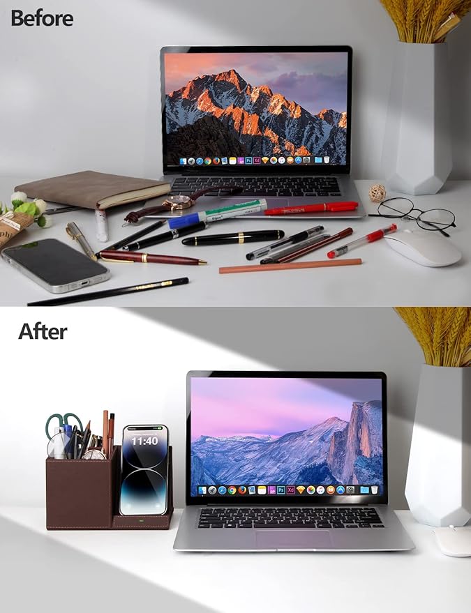 Pen Holder with Wireless Charger, Compatible with iPhone 17/16/15/14/13/12/11/8 Series, Pencil Holder Phone Stand for Desk Home Office, Men Gift Husband Wife Anniversary Dad Birthday Idea Gadget