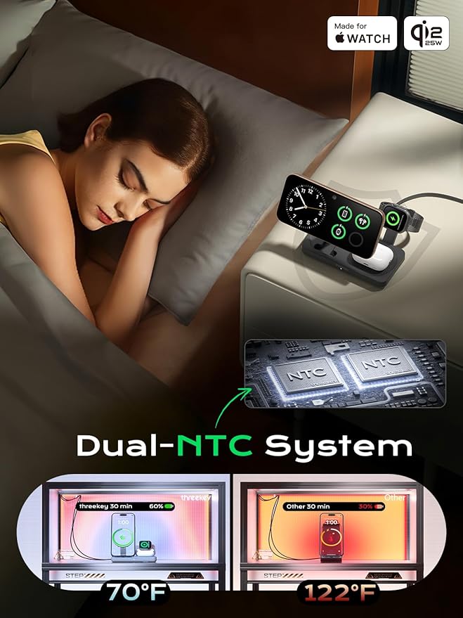 THREEKEY 3 in 1 iPhone 17 Charging Station,MagSafe Charger Compatible, Qi2 25W MFi Certified Wireless Charger Stand for iPhone 17/16/15/14/13/12, Apple Watch, AirPods(45W Adapter Included)