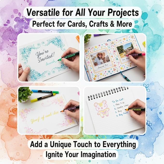 Double Line Outline Pens, 8/12/24/36/48 Colors Glitter Self-Outline Metallic Markers Set, 2mm Precision Tip, Quick-Dry Shimmer Contour Art Pens for Drawing, Coloring & DIY Crafts (12 Color)