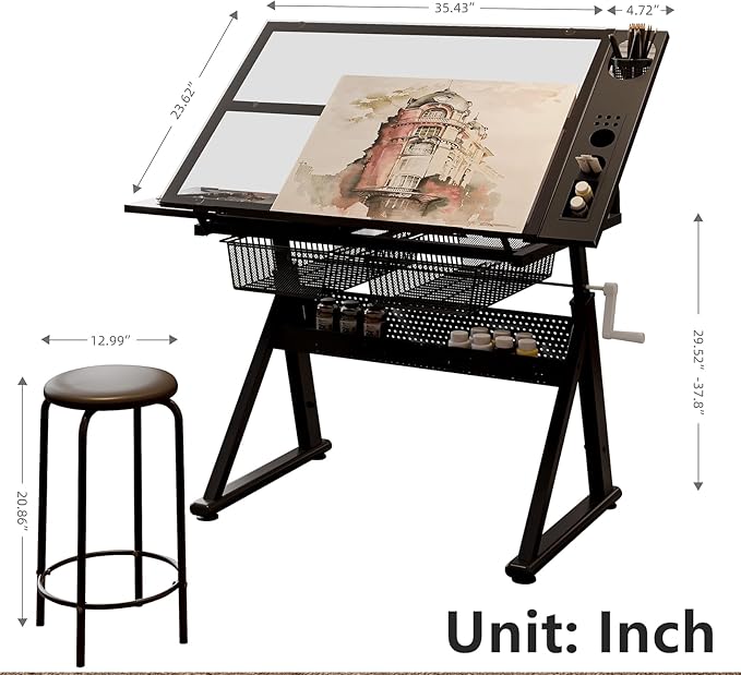 Drafting Table with Stool, Upgraded Hand Crank Height Adjustable Drawing Table Art Table Painting Table Art Craft Desk with 0-75° Tilting Glass Tabletop for Home Office, Black