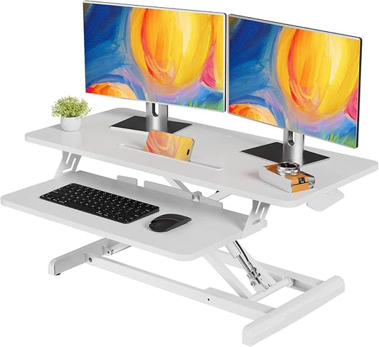 JOY worker Standing Desk Converter, 35" Wide Height Adjustable Sit Stand Up Desk Riser with Keyboard Tray, Desktop Workstation Riser for Home Office Computer Laptop, Particle Board, White