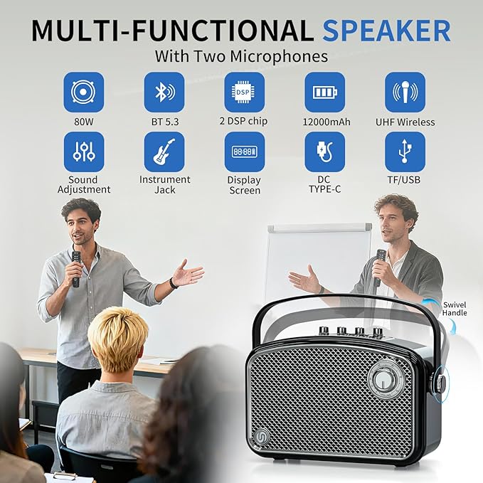 120W Peak Powerful Voice Amplifier with 2 UHF Microphones, Bluetooth Speakers with Bass/Trable/Echo Adjustment, Small PA Speaker System, Karaoke Machine for Adults, Teachers, Public Speaking, Events
