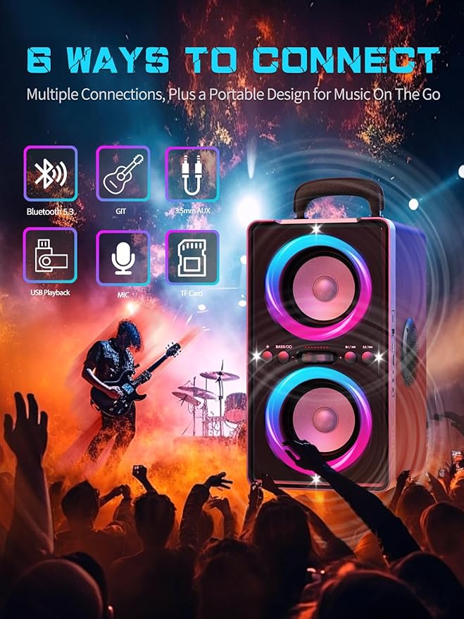 Bluetooth Speaker, 200W Peak Loud Stereo with Big Bass, 20H Playtime, TWS, Fast Charging, Portable Handle, Wireless Large Boombox Bocina with LED Light for Party Outdoor Backyard Camping