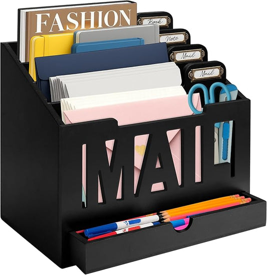 Mail Organizer Countertop – Black Holder for Desk with 4 Slots, Drawer & Label Tags, Decorative Desktop Sorter, Envelope Tray for Home Office Organization (11x7x9.5 in)