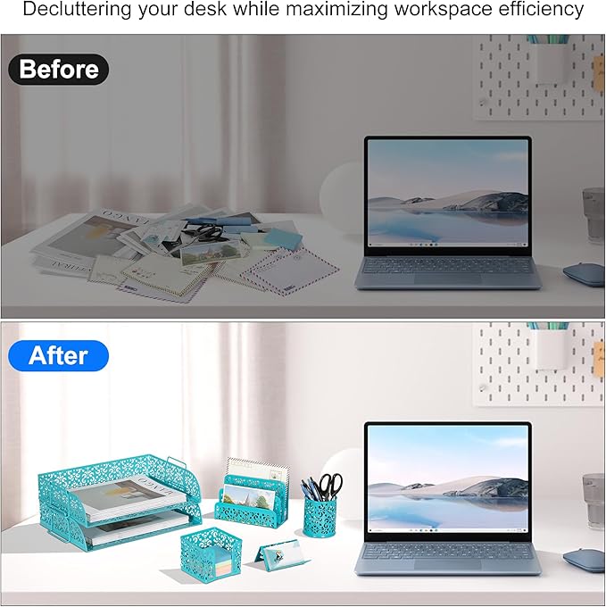 EasyPAG Desk Organizers and Accessories 5 Pieces Office Supplies Set - 2 Tier Paper Tray, Pencil Organizer for Desk, Mail Sorter Countertop, Business Card Holder and Sticky Note Holder, Dark Teal