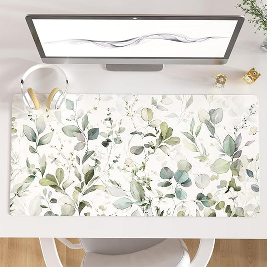 QIYI Large Mouse Pad, Extended Desk Mat for Desktop, PU Leather Waterproof Gaming Mousepad, Computer Desk Accessories Protector Writing Pads for School Office Home 31.5" x 15.7" - Soft Green Foliage