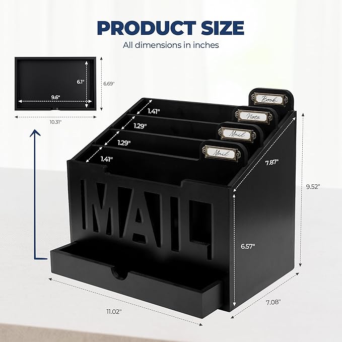 Mail Organizer Countertop – Black Holder for Desk with 4 Slots, Drawer & Label Tags, Decorative Desktop Sorter, Envelope Tray for Home Office Organization (11x7x9.5 in)