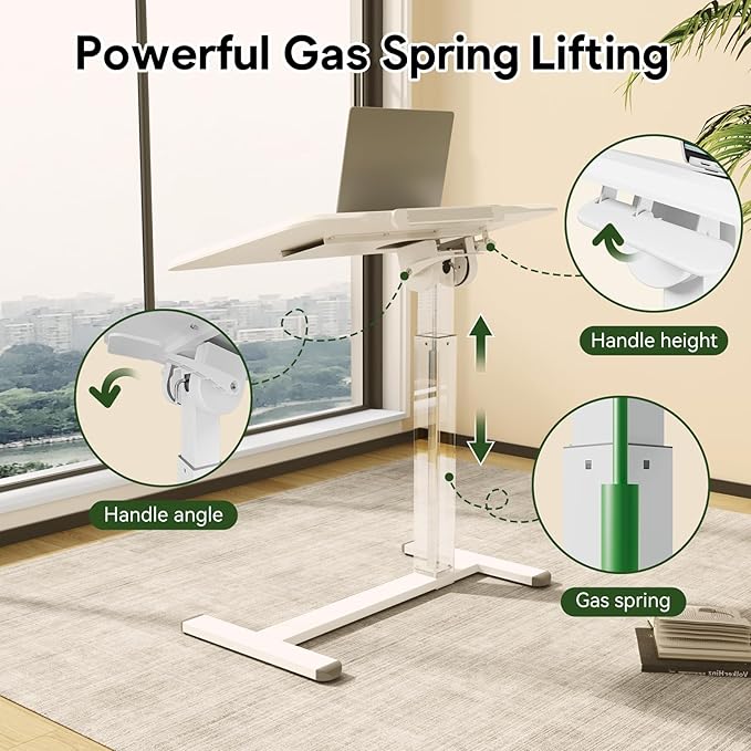 Rolling Laptop Desk, 180° Tiltable Mobile Standing Desk Height Adjustable, Overbed Bedside Table, 32inch Portable Computer Desk with Lockable Wheels, Foldable Cart for Home Office, White