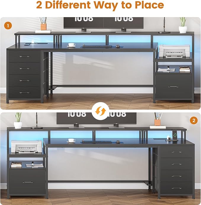 SEDETA 75'' Computer Desk with 5 Drawer, Power Outlet & Led Lights, Home Office Desk with File Drawer, Storage Shelves, Printer Cabinet and Monitor Shelf, 23.6" W Large Desktop Gaming Desk, Black