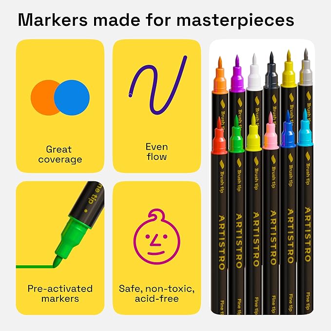 ARTISTRO 12 Dual-Tip Fabric Markers - Fabric Decorating Kit - Permanent for Clothes - Acrylic Paint Pens for Sneakers, Bags, Shoes, Textile, Canvas, Sewing, Craft, DIY - Brush and Fine Tip