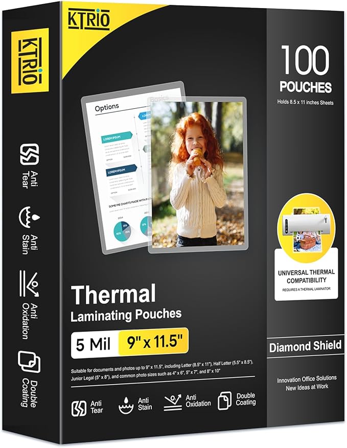 KTRIO 100 Pack Laminating Sheets 5 Mil, Hold 8.5 x 11 Inches Laminate Sheets, 9 x 11.5 Thermal Laminating Pouches for Laminator, Clear Lamination Sheets Paper, Letter Size, Office School Home Supplies