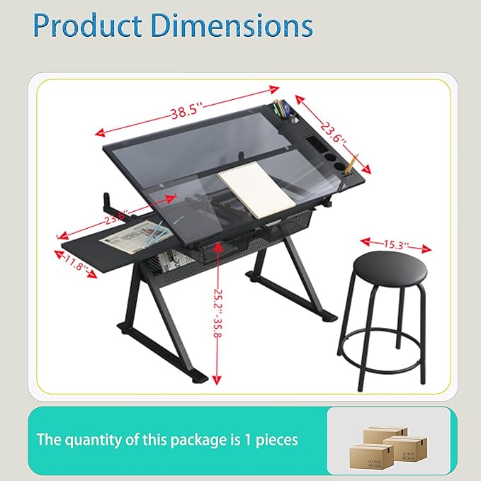 Donfafecuer Adjustable Drafting Table for Adults Professional Art Table 2 Storage Drawers Height Adjustable Home Office Reading Painting Tempered Glass Top Modern Black Design