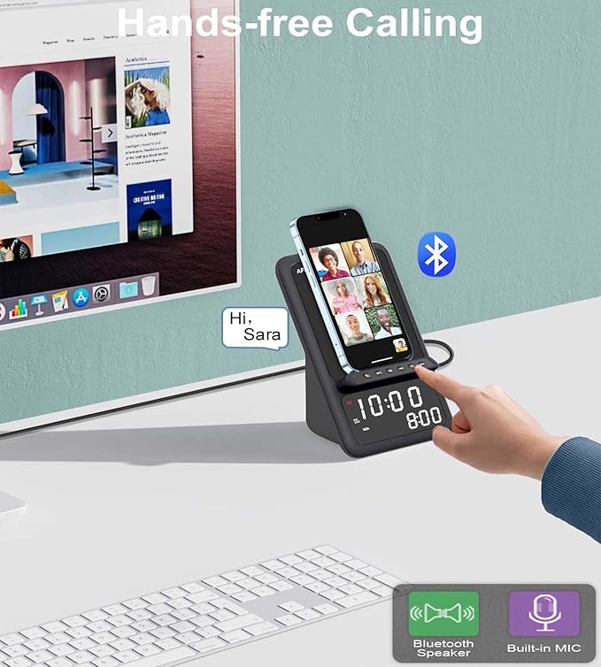 AFK Wireless Charging Station with Bluetooth Speaker and Alarm Clock,Wireless Charger Compatible with iPhone,Android Phones(Black)