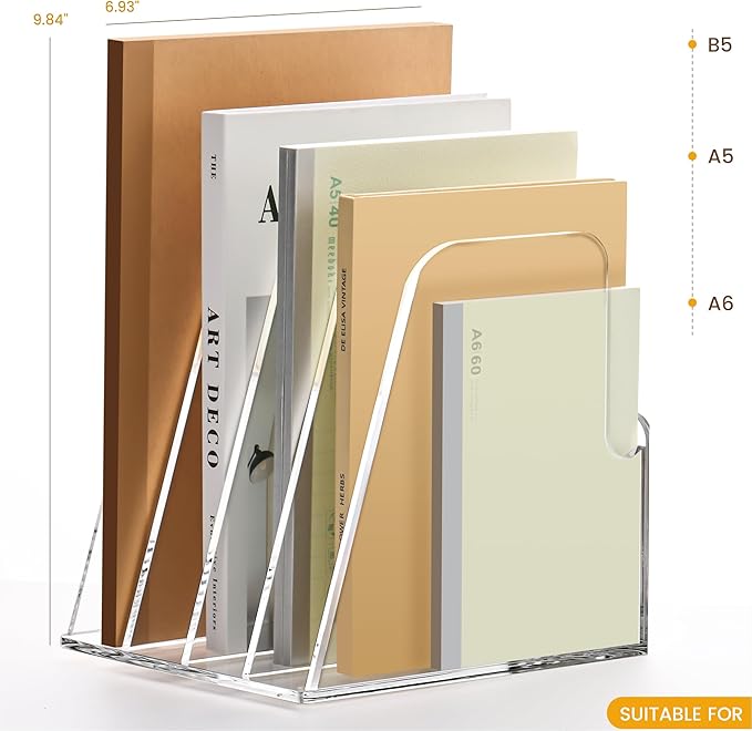 YUXUN Acrylic Magazine Holder,Clear Desk Organzier Workspace Organizers with 4 Vertical Compartments File Sorter for Magazine,Notebooks, Envelopes,Comic Coloring Book Storage(6.6 X 7.2 X 6.7 Inch)