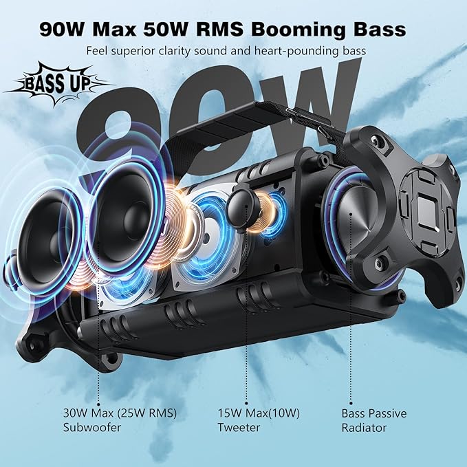 W-KING 90W Max Bluetooth Speaker, IPX6 Waterproof Portable Speakers Wireless Bluetooth, 50W Deep Bass Loud Outdoor Speaker with 40H Playtime/Stereo Pairing/TF Card/AUX/NFC for Home Party,Camping,Beach