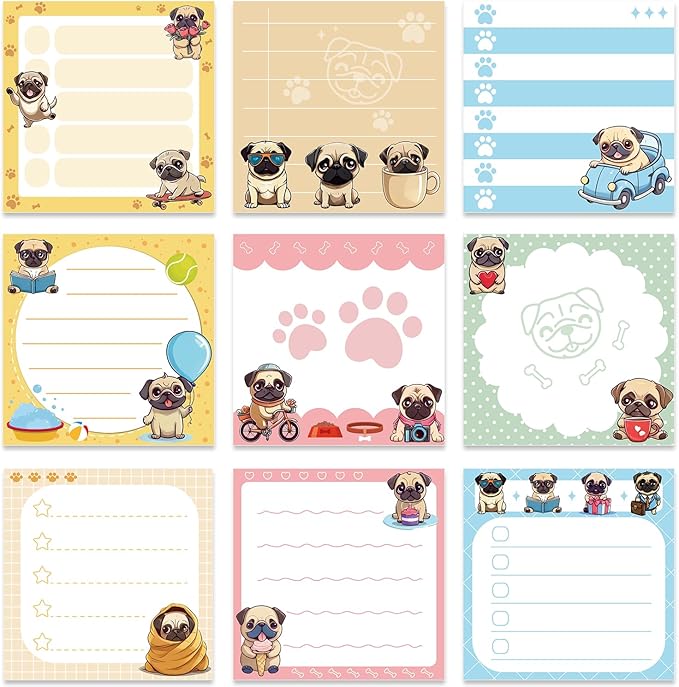 Pug Sticky Notes Gifts - 9 Pack Pug Notepads 3x3 Inch Gifts for Dog Lovers, Cute Dog Self-Adhesive Memo Pads Office School Supplies for Friends Coworkers (450 Sheets)