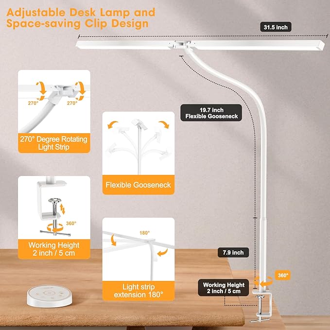 Led Desk Lamp for Office Home - Eye Caring Architect lamp with Clamp,Dual Screen Computer Monitor Work Smart Light: 24W 5 Color Flexible Adjustable Lighting Table Lamp for Study White