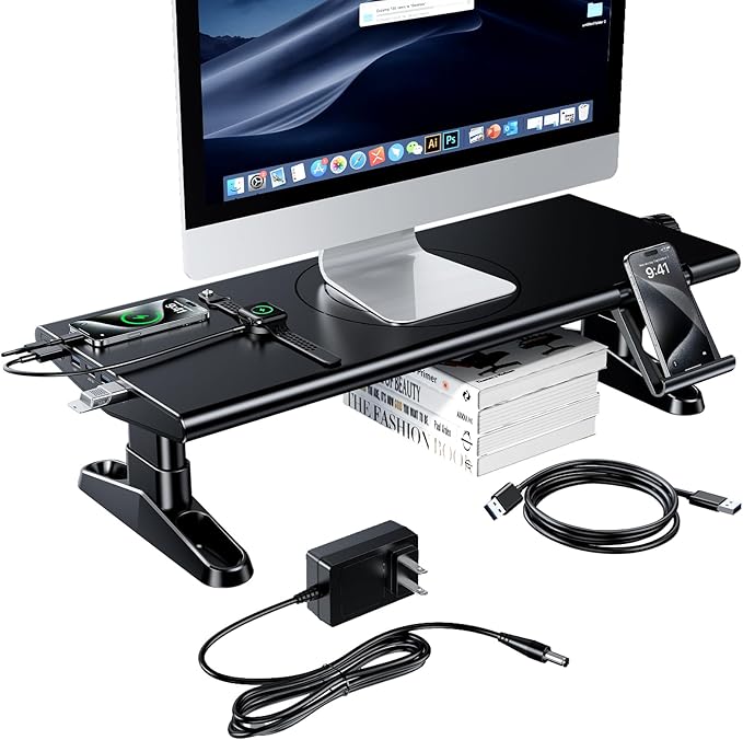 Computer Monitor Stand Riser for Desk with Usb Hub Charging,30W/5Gbps Usb C Docking Station with Power,4.4-5.7''Freely Height Adjustable with Phone Holder,Monitor Stands Riser for PC,Laptop,Printer,TV