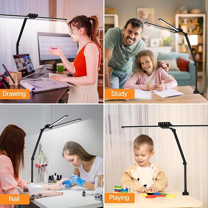 OUTON 29.5" LED Desk Lamp with Clamp, USB-A & USB-C Ports, Touch & Remote Control, 5 Color Temperatures, Stepless Dimming, Timer & Memory Function, 24W Eye-Care Monitor Light for Home Office & Study