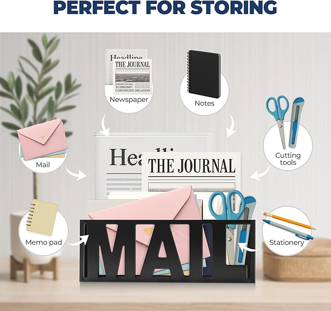 Mail Organizer Countertop – Black Holder for Desk or Wall, Decorative Desktop Sorter, Envelope Tray & Bill Storage with Compact Size for Home Office Organization Accessories (11x4x4 in)