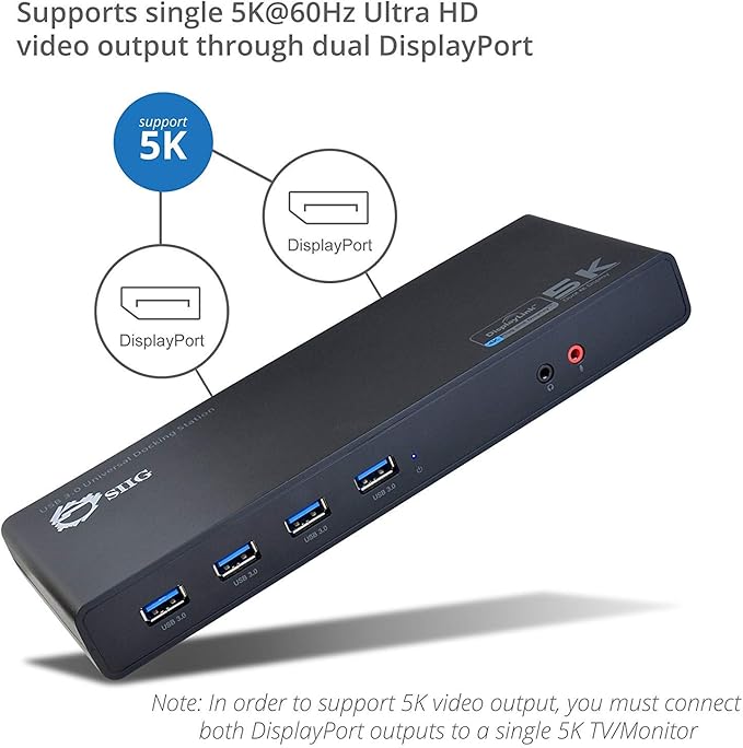 SIIG USB Type C 4K Dual Monitor Docking Station - Dual 4K@60HZ or Single 5K@60Hz Video Laptop Dock - Thunderbolt 3 Compatible (2 HDMI, 2 DisplayPort Outputs, Gigabit Ethernet, 6 USB 3.0 Ports)