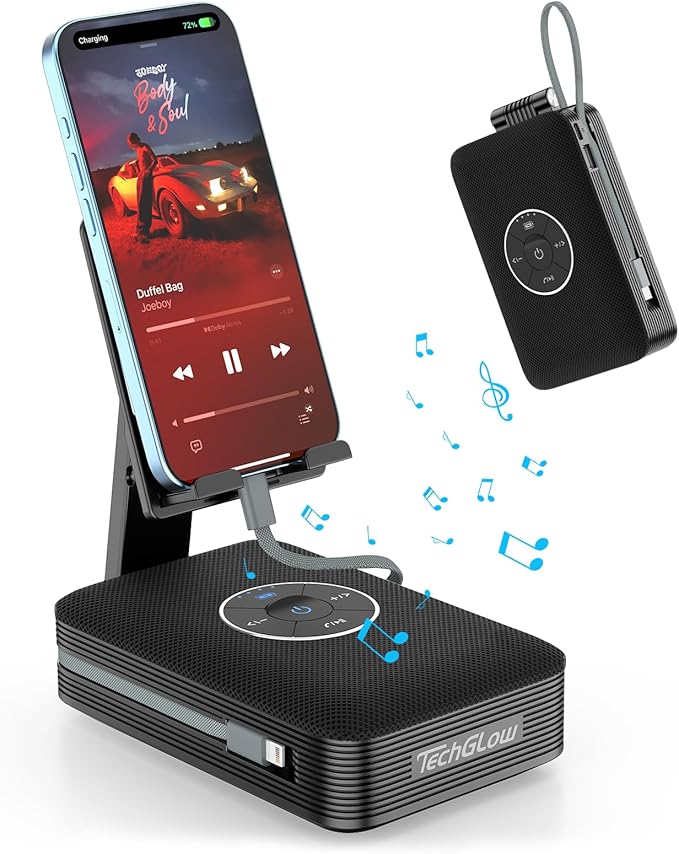 TechGlow Foldable Cellphone Stand with Bluetooth Speaker and Charging Function Built-in Cables Birthday Gifts for Men Women Mother Father Boy Girl Teens Stocking Stuffers for Adults