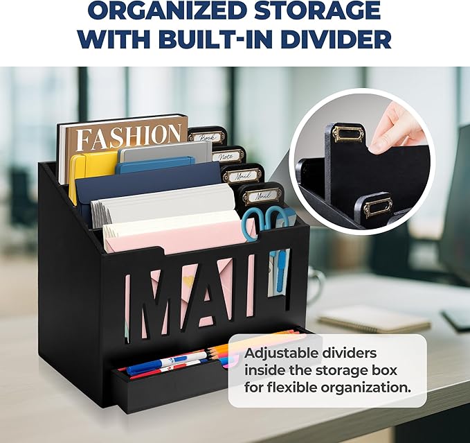 Mail Organizer Countertop – Black Holder for Desk with 4 Slots, Drawer & Label Tags, Decorative Desktop Sorter, Envelope Tray for Home Office Organization (11x7x9.5 in)