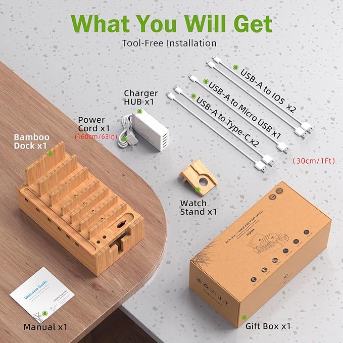 Pezin & Hulin Bamboo Charging Station for Multiple Devices with 5 Port USB Charger, 5 Cables and Watch Stand. Wood Desktop Docking Stations Organizer for Cell Phone, Tablet, Watch, Office Accessories