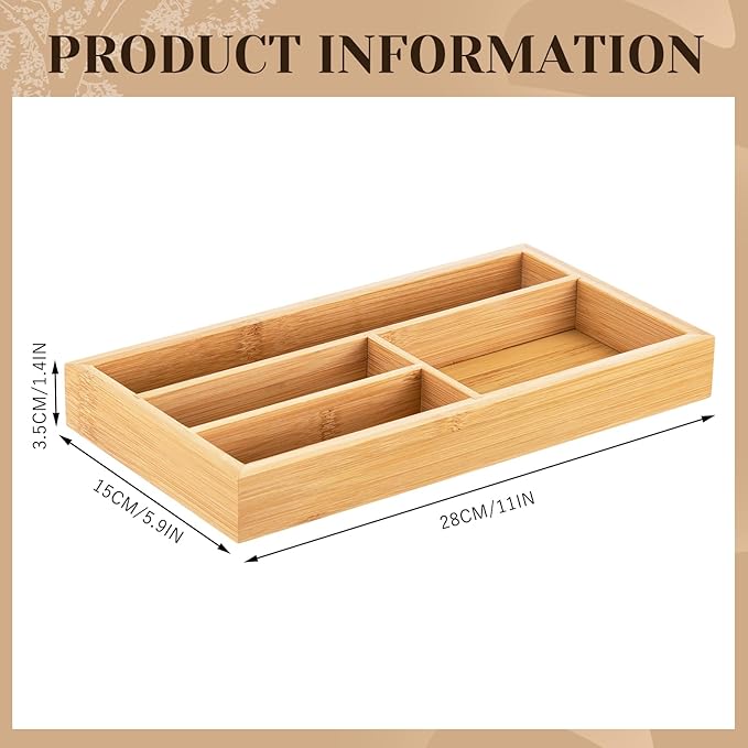 Weysat Irregular 4 Slots Bamboo Wood Desk Drawer Organizer 11"x6" Office Desk Organizer Tray Drawer for Office Supplies Makeup Jewelry Vanity