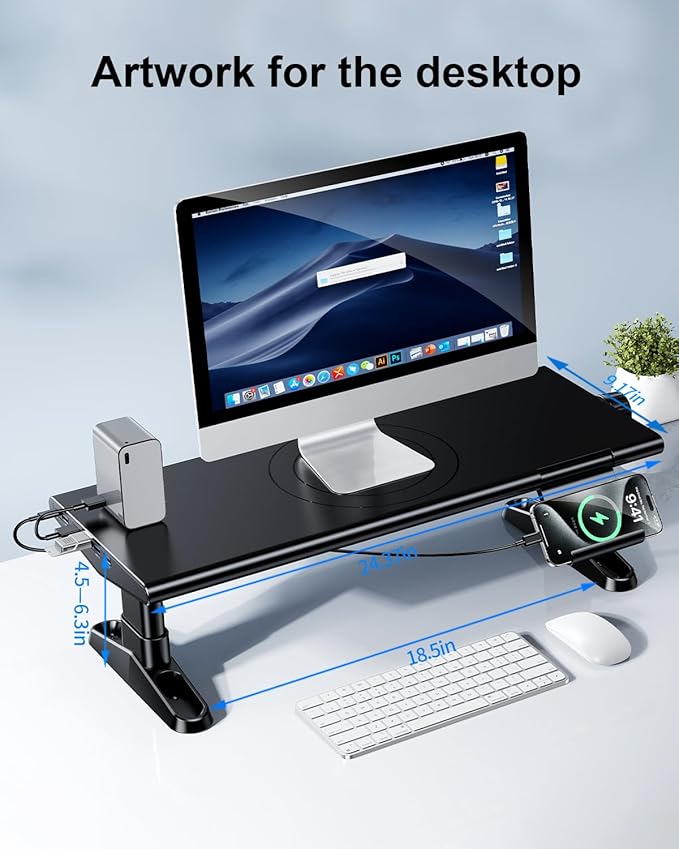 Computer Monitor Stand Riser for Desk with Usb Hub Charging,30W/5Gbps Usb C Docking Station with Power,4.4-5.7''Freely Height Adjustable with Phone Holder,Monitor Stands Riser for PC,Laptop,Printer,TV