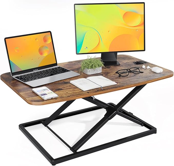JOY worker Standing Desk Converter, 31 Inch Compact Height Adjustable Stand up Desk Riser, Ultra Low Profile Sit to Stand Table for Laptop Riser Workstation, Rustic Brown