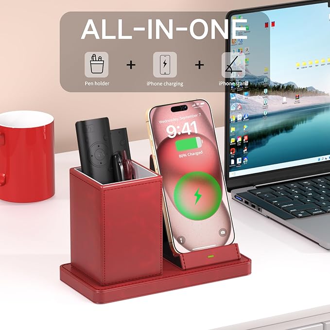 Desk Organizer with Phone Holder,Red Multi-Functional Pencil Holder for Desk, Desk Organizers and Accessories for Office Art Supplies,Desk Phone Stand Charger for Desktop/Counter