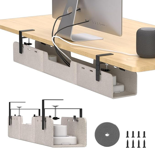 Under Desk Cable Management Tray,No-Drill Upgraded Thickened Felt Cord Organizer with Clamp or Screw Mount,Cable Holder for Standing Desk,Home Or Office(Beige, 31.5")