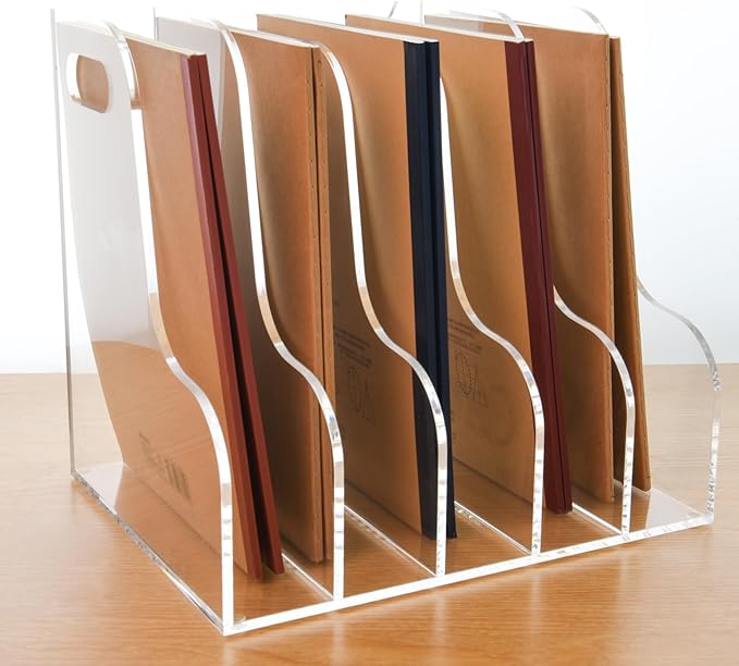 5 Vertical Compartments File Holder, Clear Acrylic Desk Organizer and Storage Bins Holding for Magazines, Binders, Notebooks, Envelopes, Multi-purpose Document Organizer for Home Office