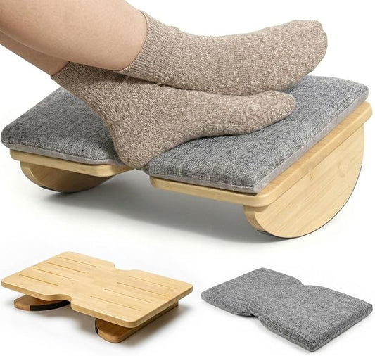 Bamboo Under Desk Foot Rest with Washable Cushion,Foldable Ergonomic Foot Stool,Rocking Footrest for Under Office Desk, Desk Leg Rest for Home Office (Natural Color)