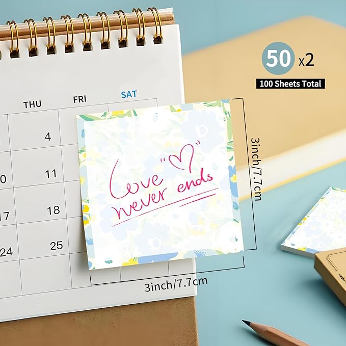 Sticky Notes 3x3 Inches, Cute Self-Stick Notes Bright Funny Sticky Note, Easy to Post for Home, Office, Notebook Cute Blue Yellow Floral