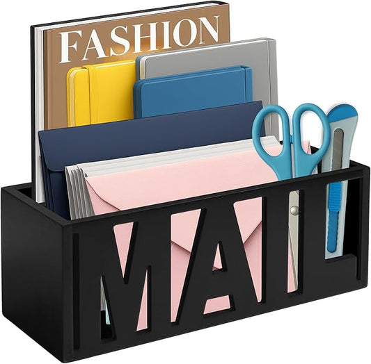Mail Organizer Countertop – Black Holder for Desk or Wall, Decorative Desktop Sorter, Envelope Tray & Bill Storage with Compact Size for Home Office Organization Accessories (11x4x4 in)