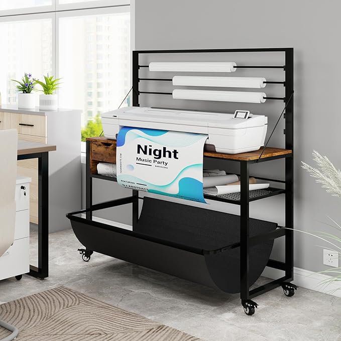 Natwind Wide Format Printer Stand, Plotter Workbench Table with Pull-Out Drafting Storage, Roll Paper Holder, Accessory Drawer, Adjustable Storage Shelf for Plotters and Cutting Machines (Retro)