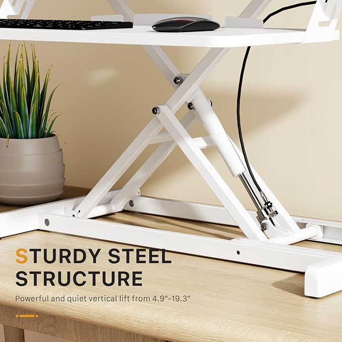 JOY worker Standing Desk Converter, 35" Wide Height Adjustable Sit Stand Up Desk Riser with Keyboard Tray, Desktop Workstation Riser for Home Office Computer Laptop, Particle Board, White