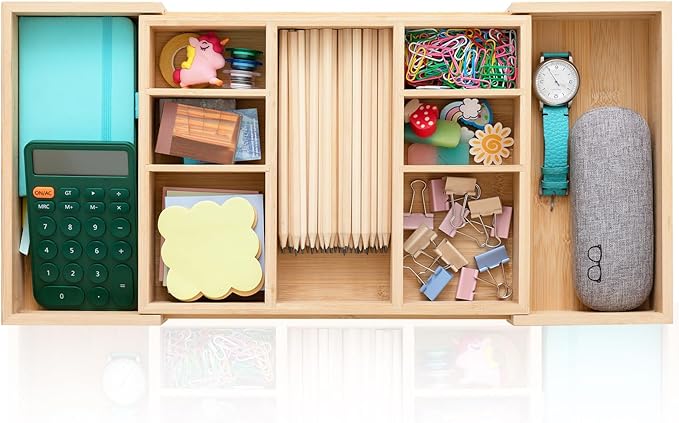 Weysat Sliding Expandable Bamboo Wood Desk Drawer Organizer with 9 Compartments 12"x9" Expandable to 20"x9" Office Desk Organizer Tray Divider Drawer for Office Supplies Makeup Jewelry Vanity